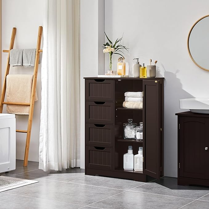 Yaheetech Large Bathroom Floor Cabinet with 4 Drawers and Single Door Cabinet, Freestanding Storage Cabinet for Living Room Kitchen Hallway, Espresso