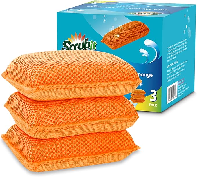 Miracle Microfiber Kitchen Sponge by Scrub-It - Non-Scratch Heavy Duty Dishwashing Cleaning sponges- Machine Washable- (Orange)