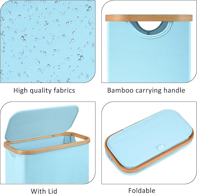 Slim Laundry Basket,60L Laundry Hamper with Lid, Tall Hamper for Laundry,Dirty Cloth Hamper with Bamboo Handle for Toys,Towels, Clothes Organizing,Blue