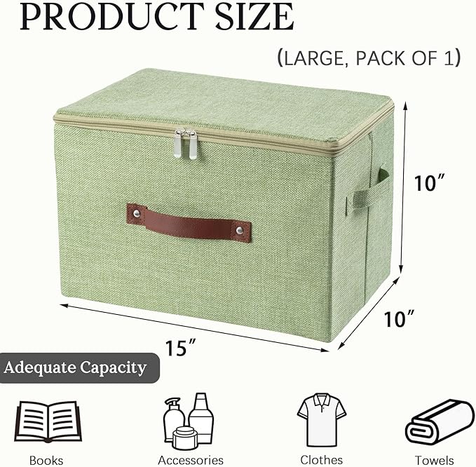 Storage Bins with Zipper Lid Foldable Fabric Lidded Storage Boxes Baskets Cubes Washable Collapsible PU Leather Handle Cotton Linen Fabric Shelf Closet Organizer Container(Green, Large Size)