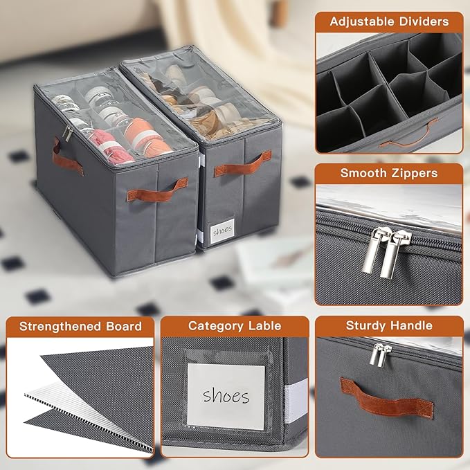 4 Pack Shoe Organizer for Closet, Foldable Shoe Storage Organizer with Adjustable Dividers and Clear Cover, Stackable Fabric Closet Shoe Organizer Storage Box Fits 32 Pairs, Gray