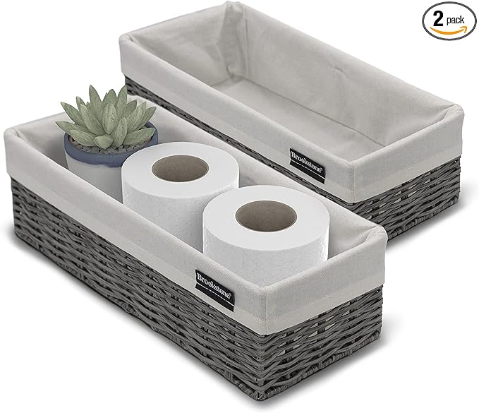 Brookstone Wicker Storage Basket Two Pack Set, Bathroom and Closet Organizers and Storage Bins with Fabric Liner, Grey