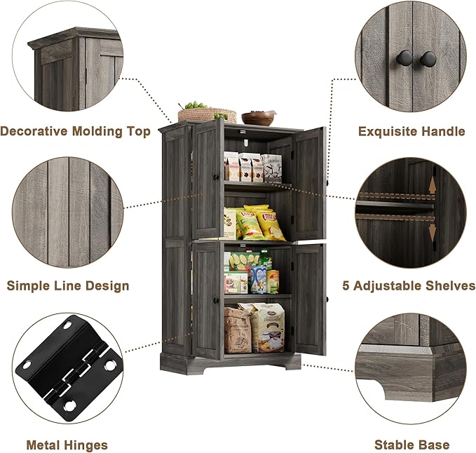 ChooChoo Bathroom Floor Cabinet, Farmhouse Bathroom Storage Cabinet with 4 Doors and Adjustable Shelves, Pantry Cabinet for Living Room, Kitchen, Retro Grey