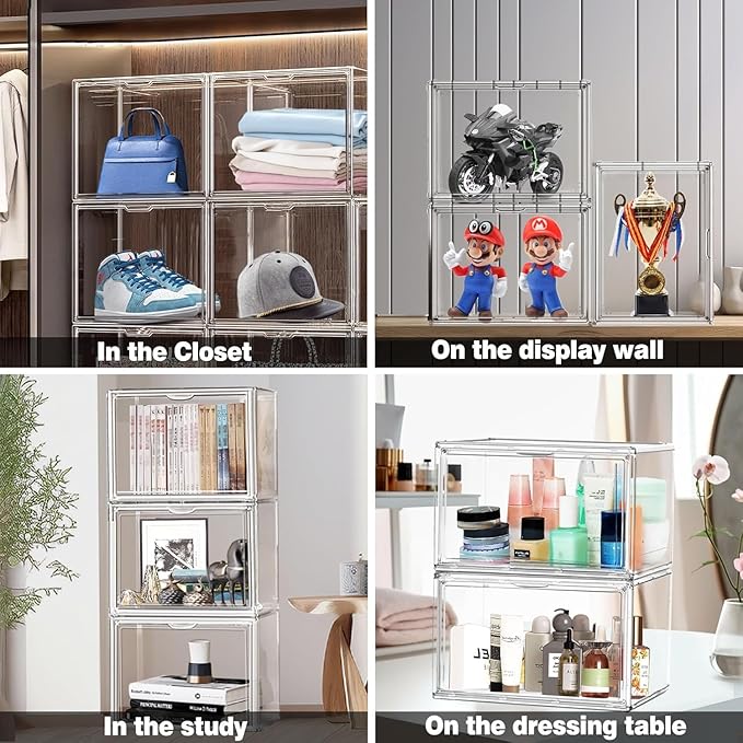 5 Pack Acrylic Shoe Box Size 14, Clear Plastic Stackable Sneaker Shoe Display Case Transparent Storage Bins Handbag Organizer Containers with Magnetic Lids, Figures Collectibles Showcase