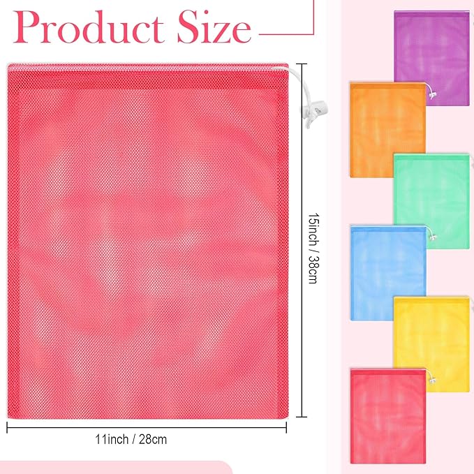 Frienda 6 Pieces Mesh Stuff Sack, 11 x 15 Inch Durable Nylon Drawstring Laundry Bag for Rinsing Beach Toys, Seashell Collecting, Mesh Bags for Travel(Rainbow Color)