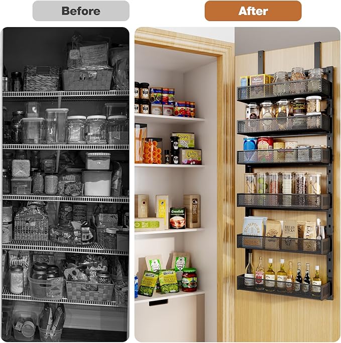 Pantry Door Organizers and Storage, 6-Tier Large Metal Heavy-Duty Frame Over the Door Spice Rack, 2 in 1 Wall-Mounted or Hanging shelf for Kitchen, Bathroom, Laundry Room, Bedroom, Closet &Nursery