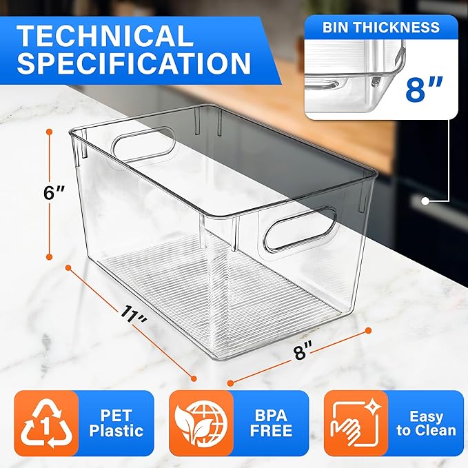 Lifemaster Multi-purpose Refrigerator Bins - 2 pieces Large Capacity Stackable Fridge Bin Organizer with Easy Grip Handles - Clear