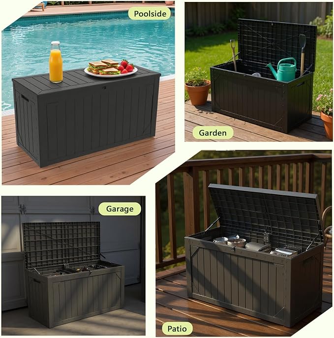 Outdoor Storage Box Waterproof, 100 Gallon Lockable Resin Deck Box Patio Storage Bin for Pool Accessories Cushion Furniture, Garden Tools, UV-Resistant Outside Delivery, Black