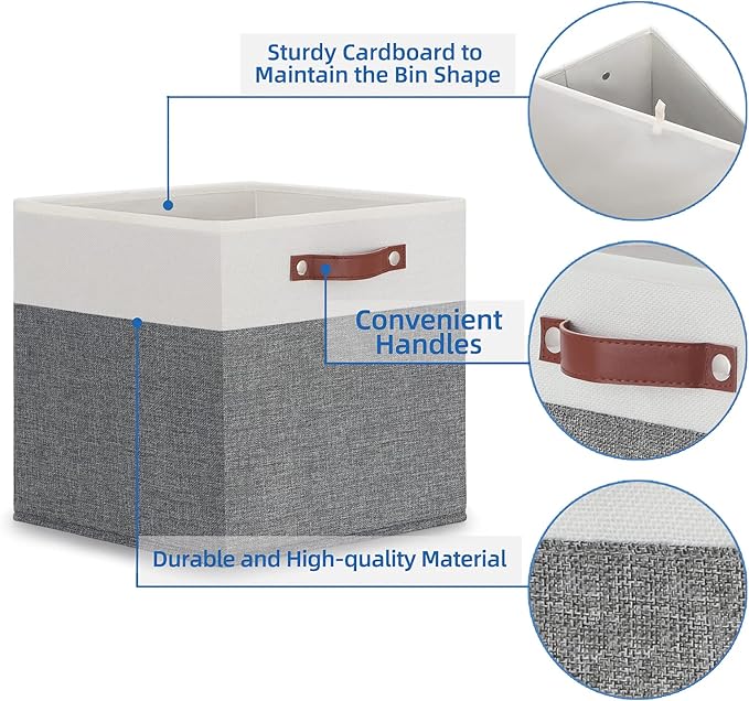 Temary 13x13 Storage Cubes 4 Pack Fabric Cube Storage Bins Large Storage Baskets with Leather Handles, Decorative Storage Boxes for Organizing Closet, Clothes, Foldable Cloth Baskets for Shelves