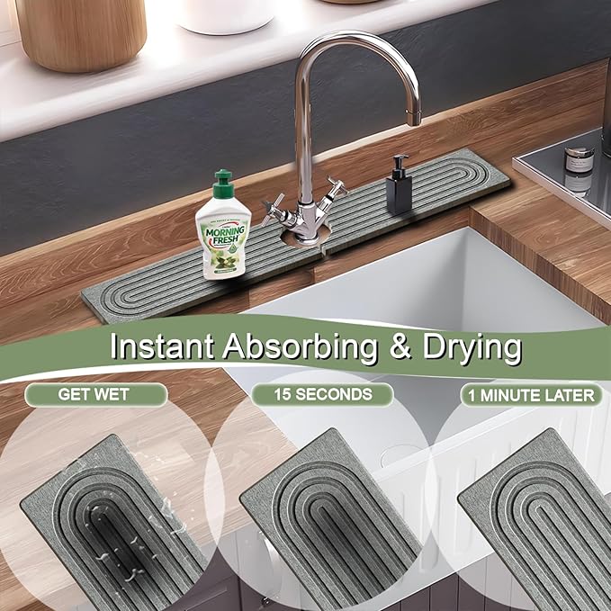 Faucet Mat for Kitchen Sink,15.7" Diatomite Stone Drying Mat,Quick Drying Splash Guard,Super Absorbent.Kitchen ,Bathroom Sink Splash Guard, Durable Countertop Protection(Darkgrey)
