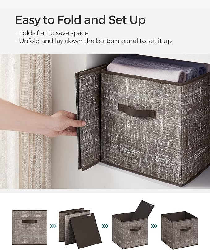 SONGMICS Storage Cubes, 13-Inch Non-Woven Fabric Bins with Double Handles, Set of 6, Closet Organizers for Shelves, Foldable, for Clothes, Walnut Color UROB033K02