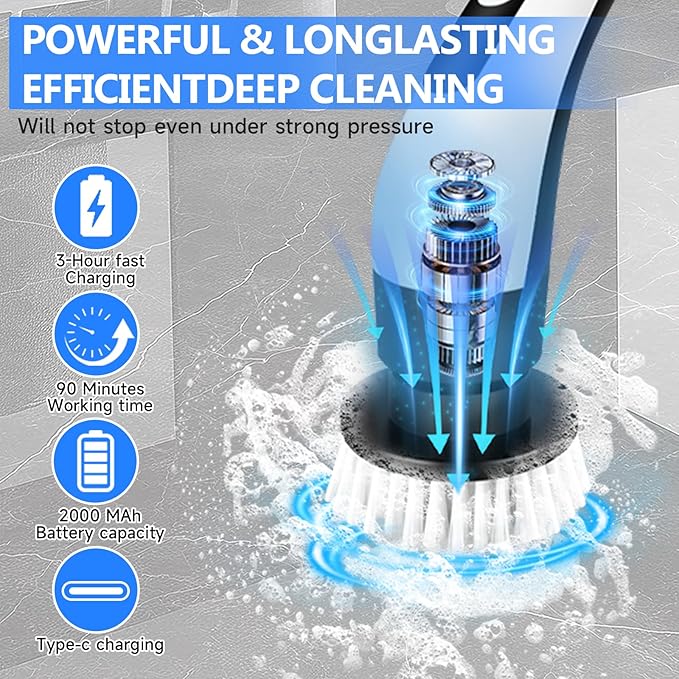 PUNOMO Electric Spin Scrubber, Cordless Waterproof Cleaning Brush with 8 Replaceable Brush Heads - 120Mins Work Time Adjustable Long Handle 2 Speeds 360 Power Scrubber for Bathroom Shower Kitchen Car