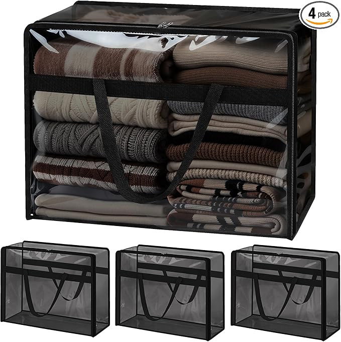SGHUO Clothes Storage Bags 60L Extra Large Plastic Moving Bag for Comforter, Bedding, Blanket Storage Bags with Zipper and Reinforced Handle (4pcs, Black)