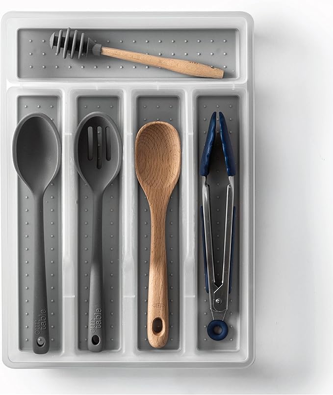 BINO | 5-Slot Silverware Organizer | Small Frosted Cutlery Tray | Silverware Storage for Drawer | BPA-Free Plastic Organizers with Soft-Grip Lining and Rounded Corners