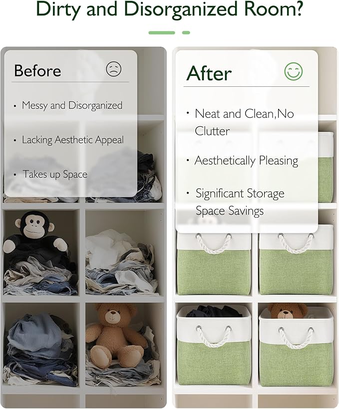 11 Inch Cube Storage Bins, 6 Pack Fabric Storage Cubes with Rope Handles, Organizer Baskets for Closet Shelves, Clothes and Home Organization(White/Green)