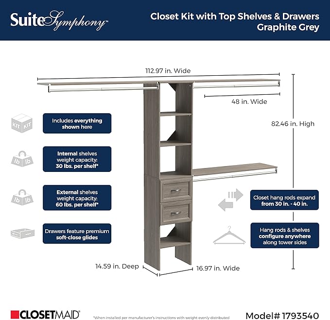 ClosetMaid SuiteSymphony Wood Closet Organizer Kit with Tower, 3 Hang Rods, Top Shelves, 2 Drawers, Adjustable, Fits Spaces 5-9 ft. Wide, Graphite Grey