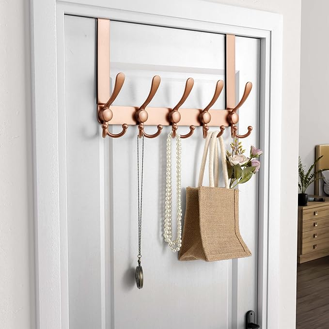 Dseap Over Door Hook 2.0 - Upgraded Version - Simple-Assembly, Strong, Heavy-Duty Stainless Steel 5-Tri-Hook Over The Door Hanger Rack, SimpleStrong Series, Rose Gold