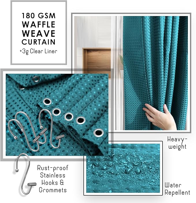 Clara Clark Bathroom Accessories Set - Bathroom Set with Adhesive Corner Shower Caddy Hanging, 25PC Bathroom Accessory Set, Teal Shower Curtain Set, Toilet Brush, Trash Can & Soap Dispenser