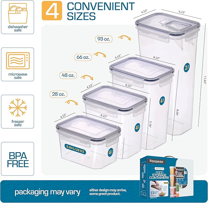 14 PCS Airtight Food Storage Containers with Lids set, BPA Free Leak-proof Kitchen and Pantry Organization Canisters for Cereal, Pasta, Dry Food, Flour Sugar, Stackable, Free Label, Marker, Scoop