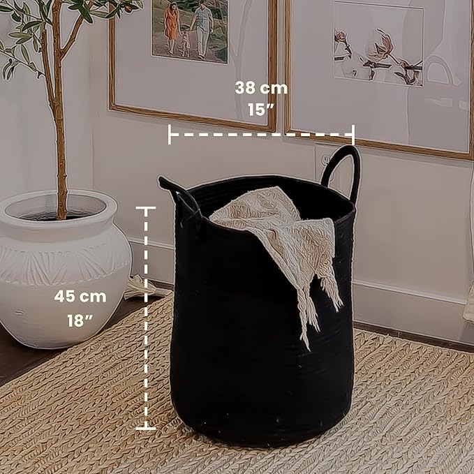 OrganiHaus Large Black Woven Laundry Basket w/Handles 52L, Rope Dirty Clothes Hamper, Blanket Basket for Living Room, Baby Laundry Hamper for Nursery, Soft & Durable Decorative Organizer Bin