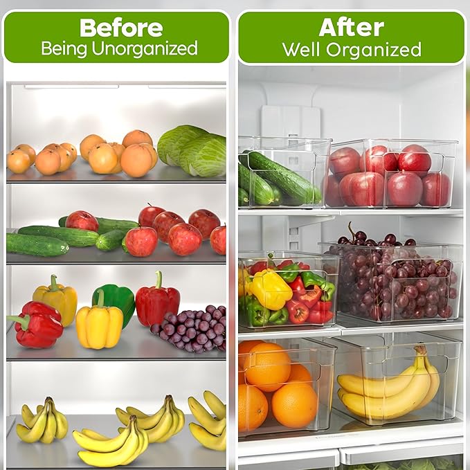 Utopia Home - Fridge & Refrigerator Organizer Bins (8 Pack), Clear Stackable Durable Plastic Storage Containers with Easy Grip Handles for Pantry, Kitchen Cabinets & Countertops