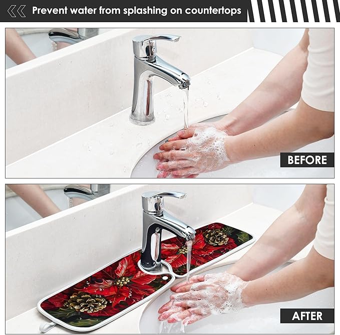 2 Pack Faucet Splash Catcher Poinsettia Golden Bells Sink Mat for Faucet Absorbent Kitchen Splash Guard Drip Catcher for Farmhouse Barthroom Bar, M