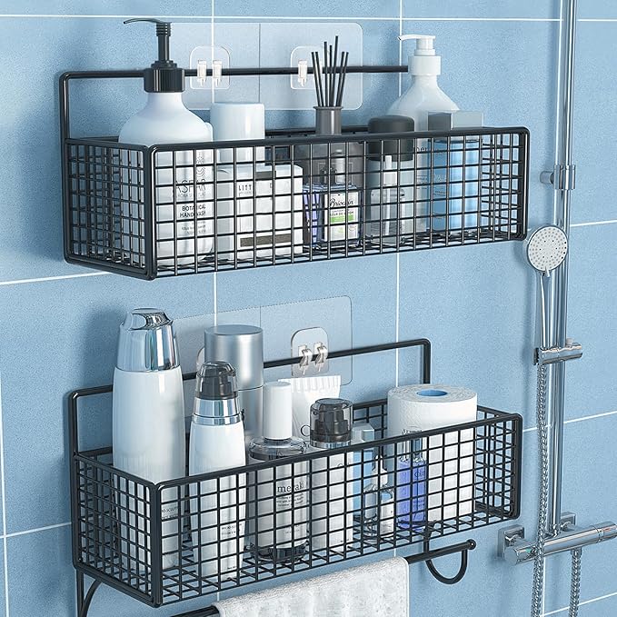 4 Pack Shower Caddy Adhesive Hooks Replacement, Strong Self-Adhesive Sticker No Drilling Waterproof Hanging Hooks for Bathroom Storage Shelves Kitchen Racks (Double Hook,Transparent)