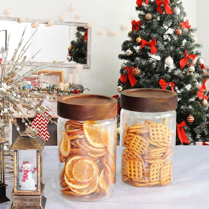 Patoper Airtight Glass Jars with Wooden Lid Glass Spice Jar Round Glass Storage Canister for Pantry Sugar Tea Coffee Bean Nuts Cookies Bath Salts (900ML*2PACK)