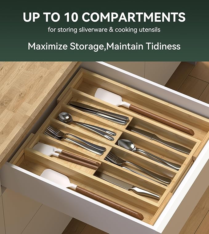 Expandable Silverware Organizer, Utensil Drawer Organizer & Cutlery Tray Dividers for Spoons Forks Knives (10 Slot,Natural Bamboo), 10.6”-16:Wx16.7”Dx1.97”H