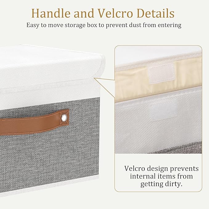 OUTBROS Large Fabric Storage Box with Lid, Collapsible Wardrobe Organiser, Linen Cubes For Towels, Clothes, 13 x 9.1 x 7.9 inch (White/Grey, 3-Pack)