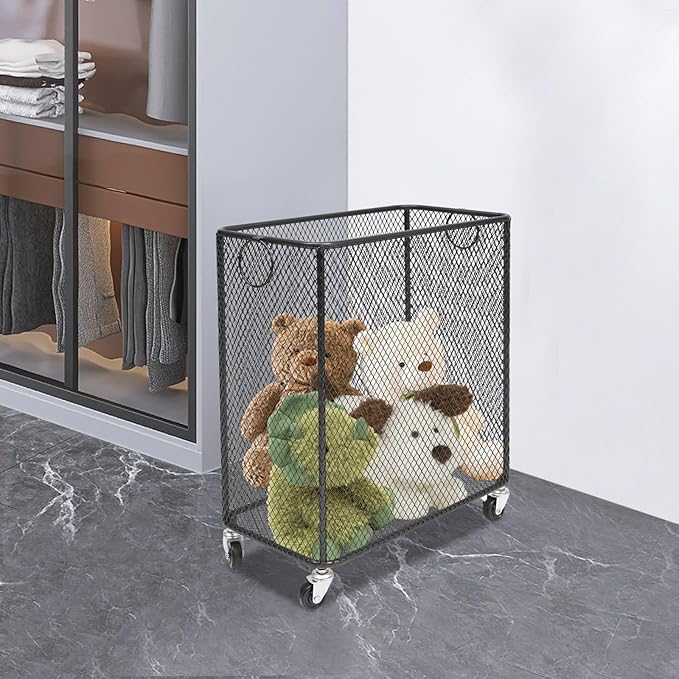 Black Metal Laundry Basket with Wheels, Rolling Laundry Hamper Cart Metal Mesh Laundry Clothes Sorter Storage Cart Organizer Basket Durable for Home