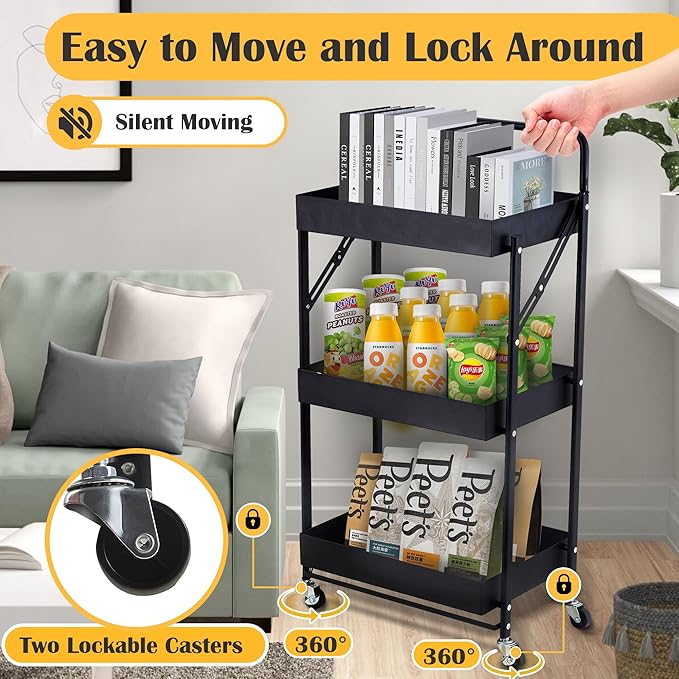 Folding Storage Rack 3-Tier Mesh Storage Shelf Portable Closet Shelving Unit with 360°Removable Wheels for Kitchen/Living Room/Bathroom/Laundry Room/Pantry/Garage/(Max Load Capacity 200 lb)