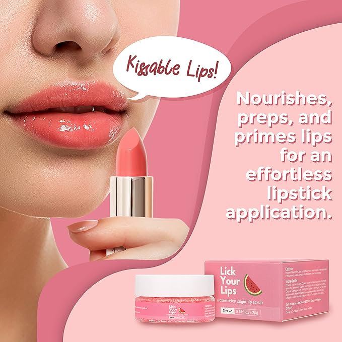 Watermelon Sugar Lip Scrub for Women Dry, Cracked and Dark Lips – Lip Scrubber Exfoliator & Organic Lip Scrubs Exfoliator and Moisturizer with Lip Brush – Vegan, Cruelty-Free Lip Care Products (20g)