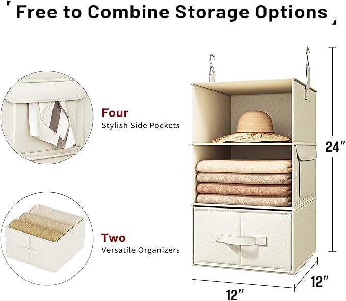 Vailando 3-Shelf Hanging Closet Organizer, Set of 2 Hanging Shelves with 2 Drawers for Wardrobe, Nursery, Baby Clothes Storage and Organization, Beige