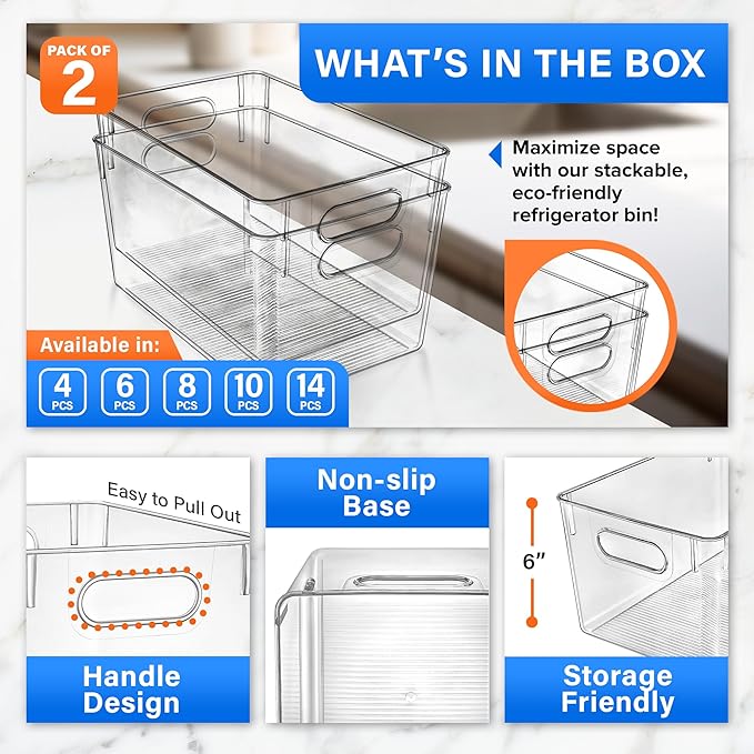 Lifemaster Multi-purpose Refrigerator Bins - 2 pieces Large Capacity Stackable Fridge Bin Organizer with Easy Grip Handles - Clear