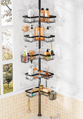 Adjustable Tension Pole Shower Caddy, 5-Tier Stainless Steel Shower Shelf Organizer with 2 Movable Toothbrush Holders, 25-115 Inches Extendable Bath Tub Conner Storage Shelf for Family, Black