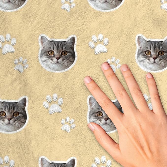 Custom Blanket with Funny Cat Face Personalized Soft Warm Fleece Throw Blankets with Paw Bones Customized Throws for Couch Bed Sofa Unique Gifts for Cat Dad Mom Pet Lovers