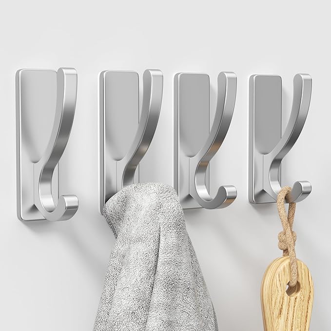 pickpiff Adhesive Wall Hooks for Towels - Sticky Hook Hanging Heavy Duty (13lb), Hanger for Door, Bathroom, Dorm, Closet - for Coats, Purse, Bag, Robe - No Damage to Wall - Silver 4 Pack