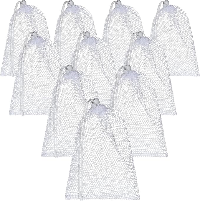 TecUnite 10 Pcs Mesh Bags Drawstring Laundry Bags Large Nylon Mesh Gift Dishwasher Bag with Sliding Drawstring for Kitchen Jewelry Gifts Wedding Favor Home(11.8 x 7.5 Inch,White)