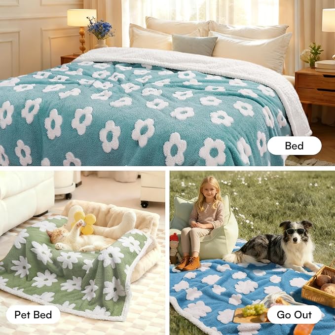 Luciphia Waterproof Pet Blanket for Medium Large Dogs Washable Fluffy Thick Jacquard Shag Fleece Warm Sherpa 3D Textured Flower Print for Cats Puppy Couch Protection (Blue,85x57 inches)
