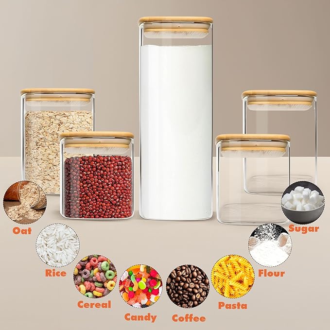 Glass Storage Containers with Airtight Bamboo Lids Muti Size Set of 5,Pantry Food Glass Jar with Lid,Perfect for Kitchen Organization-Nuts,Flour, Rice, Pasta, Sugar, Coffee Beans, Accessories Included