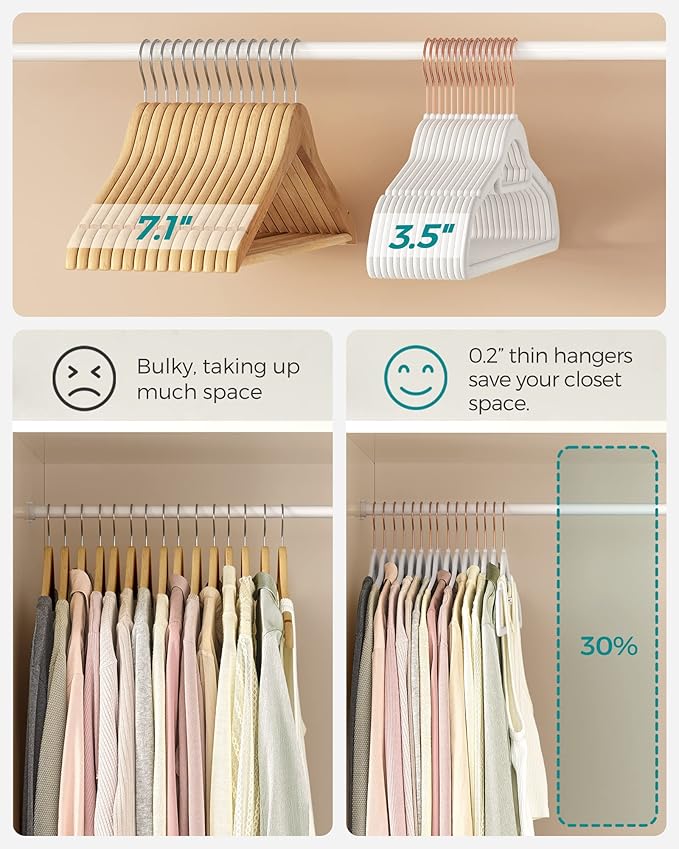 SONGMICS Velvet Hangers, Set of 30 Clothes Hanger with Rose Gold Swivel Hook, Non-Slip, and Space-Saving, 0.2-Inch Thick, 17.1-Inch Long for Coat, Shirt, Dress, Pants, Tie, Cloud White UCRF021W01