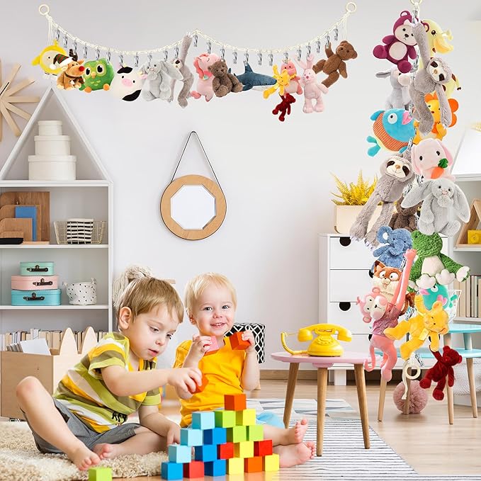 2pcs Stuffed Animal Storage Chain - Boho Stuffed Animal Hammock with 40pcs Metal Clips, Stuff Animal Organizer Hanging Storage for Bedroom Wall Door Display