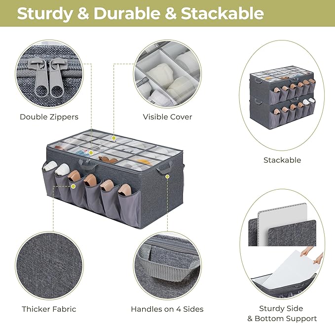 Shoe Organizer for Closet, Shoe Storage Solution with Clear Cover & Adjustable Dividers, Fabric Shoe Box Fits 16 +12 Pairs Shoes, Grey, 1-Pack