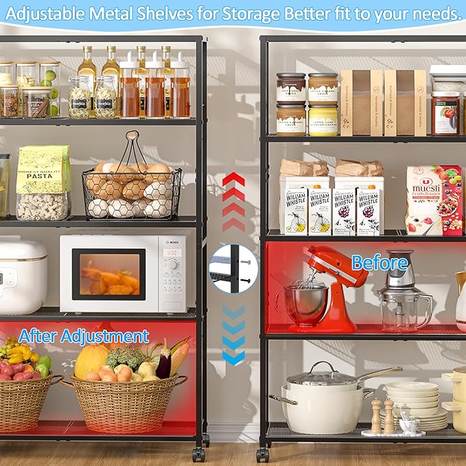 5 Tier Metal Shelving Unit, Storage Shelving with Adjustable Shelves, Extra Wide Metal Storage Rack with Wheels for Kitchen, Garage, Pantry & Closet Organizer, 32.7" L x11.8 D x 51.5" H