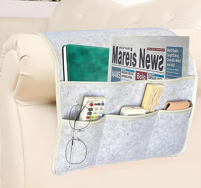 Sofa Armrest Caddy, Armchair Caddy for Recliner, Couch Organizer, Bedside Organizer, Remote Holder with Silicone Non-slip Design,4 Pockets for Magazine, Notepad,Phone, Ipad, Glasses (Light Grey-1)
