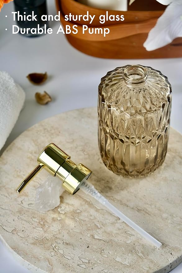 Brown Glass Soap Dispenser with Gold Rust Proof Pump, Refillable Thicken Glass Kitchen Soap Dispenser, Lotion Dispenser Bathroom for Dish Soap, Hands Soap, Body Wash, Bathroom Accessories