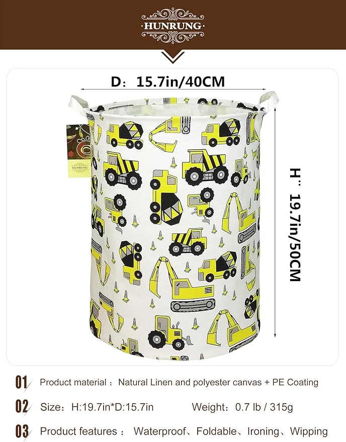 HUNRUNG Laundry Hamper,Large Canvas Fabric Lightweight Storage Basket Toy Organizer Dirty Clothes Collapsible Waterproof for College Dorms, Children Bedroom,Bathroom（Round Engineering）