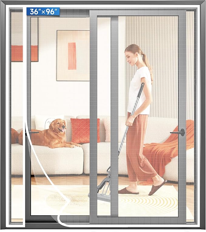Magnetic Screen Door Left Right Side Opening Upgraded PET Mesh Greater Than Fiberglass and Polyester,Keep Bugs Out,Pet & Kid Friendly,Suitable for Sliding Doors,Patio French Doors-36" X 96"