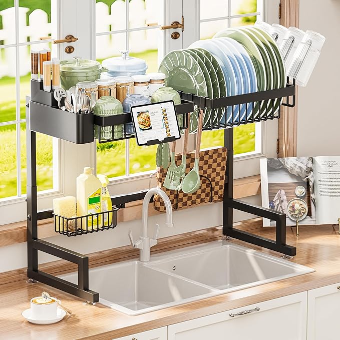 ADBIU Over The Sink Dish Drying Rack (Expandable Height and Length) Snap-On Design 2 Tier Large Dish Rack